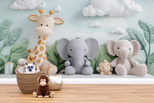 Load image into Gallery viewer, Safari Nursery Wall Art, Jungle Animal Mural Wallpaper, Giraffe Elephant Baby Room Decor, Cute Animal Wall Decal Vn432