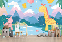 Load image into Gallery viewer, Colorful Jungle Safari Animal Nursery Wall Mural – Giraffe, Elephant, and Hot Air Balloons – Baby Room Wallpaper Art Print Vn435