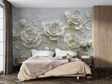 Load image into Gallery viewer, 3D Floral Wall Mural for Bedroom – Elegant White Rose Wallpaper – Luxury Textured Flower Wall Art – Romantic Botanical Wall Decor Vn473
