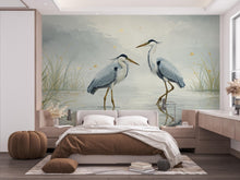 Load image into Gallery viewer, Crane Birds on Lake Wallpaper Watercolor Nature Mural with Moon Stars Crane Birds Forest Wall Art for Nursery Bedroom or Living Room 758RS