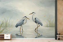 Load image into Gallery viewer, Crane Birds on Lake Wallpaper Watercolor Nature Mural with Moon Stars Crane Birds Forest Wall Art for Nursery Bedroom or Living Room 758RS