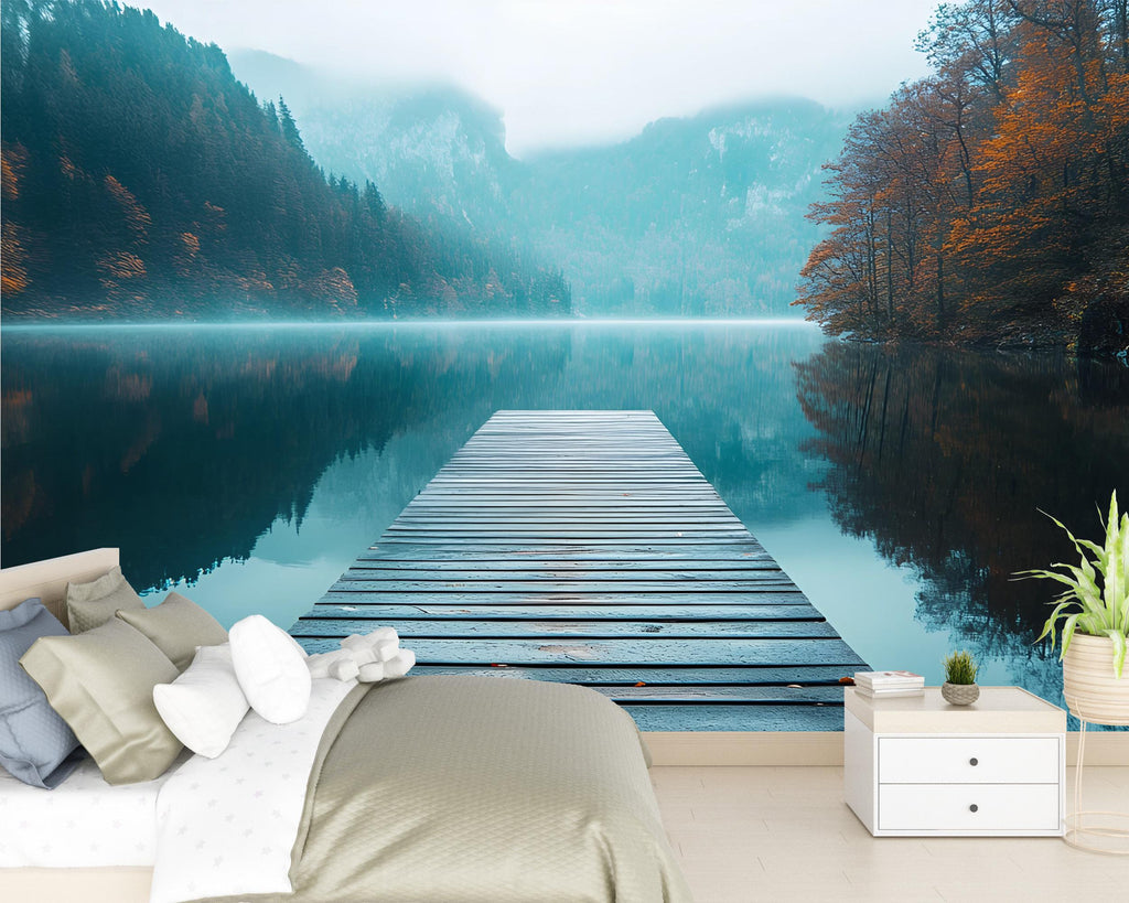 Serene Lake Pier Wall Mural – Tranquil Forest Water Landscape Wallpaper for Bedroom or Living Room Art Vn480