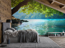 Load image into Gallery viewer, Tranquil Lake View Wall Mural – Nature Bedroom Wallpaper – Serene Tree &amp; Water Scene – Large Scenic Peel and Stick Mural Vn493