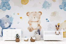 Load image into Gallery viewer, Watercolor Teddy Bear Wall Mural – Nursery Peel &amp; Stick Wallpaper – Cute Animal Kids Room Décor – Gender Neutral Baby Wall Art Vn499