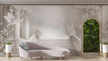Load image into Gallery viewer, Luxury 3D Wedding Stage Backdrop | Elegant White Floral Stairs Mural | Event Decor with Doves | Romantic Ceremony Wall Art Vn504