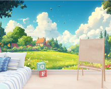 Load image into Gallery viewer, 3D Cartoon Meadow Wallpaper Mural For Nursery – Whimsical Flower Field Landscape With Cottage And Sky – Cute Nature Wall Art For Baby Room