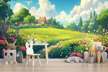 Load image into Gallery viewer, 3D Cartoon Meadow Wallpaper Mural For Nursery – Whimsical Flower Field Landscape With Cottage And Sky – Cute Nature Wall Art For Baby Room