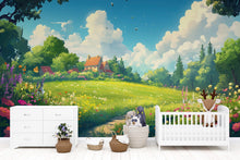 Load image into Gallery viewer, 3D Cartoon Meadow Wallpaper Mural For Nursery – Whimsical Flower Field Landscape With Cottage And Sky – Cute Nature Wall Art For Baby Room