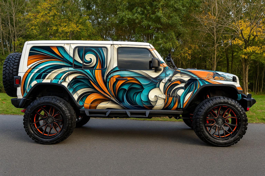 Colorful Swirl Car Wrap Retro Modern Vinyl Design with Orange Teal Blue Accents – Full Vehicle Wrap Gift for Car Lovers – Race & Art Style