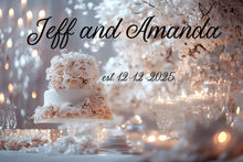 Load image into Gallery viewer, Elegant Wedding Backdrop Banner with Names &amp; Date – Personalized Floral Cake Design, Custom Photo Booth Sign Vn516