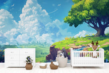 Load image into Gallery viewer, 3D Cartoon Waterfall Wallpaper Mural For Nursery – Whimsical Nature Scene With Tree, River And Clouds – Baby Room Or Gift For Baby Shower