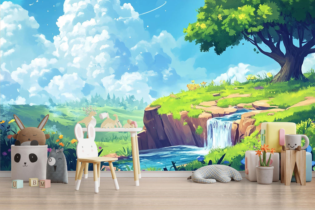 3D Cartoon Waterfall Wallpaper Mural For Nursery – Whimsical Nature Scene With Tree, River And Clouds – Baby Room Or Gift For Baby Shower
