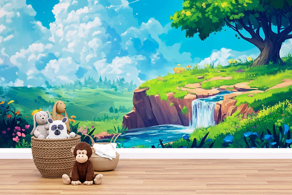 3D Cartoon Waterfall Wallpaper Mural For Nursery – Whimsical Nature Scene With Tree, River And Clouds – Baby Room Or Gift For Baby Shower