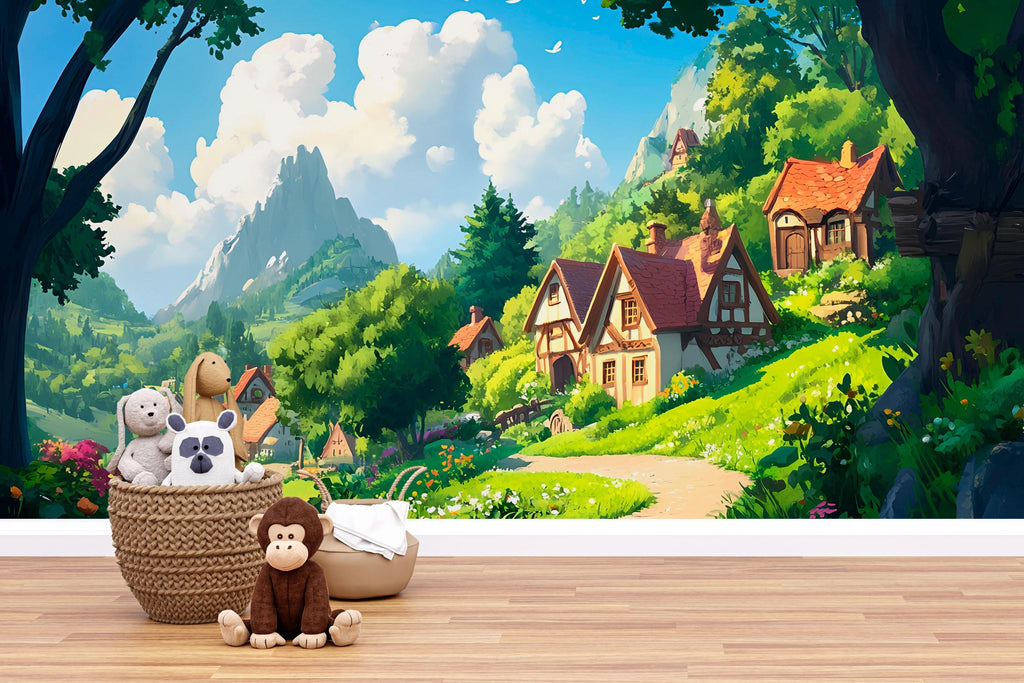 3D Storybook Village Wallpaper Mural For Nursery – Whimsical Cottage Hillside Scene With Mountains – Baby Room Decor Or Gift For Baby