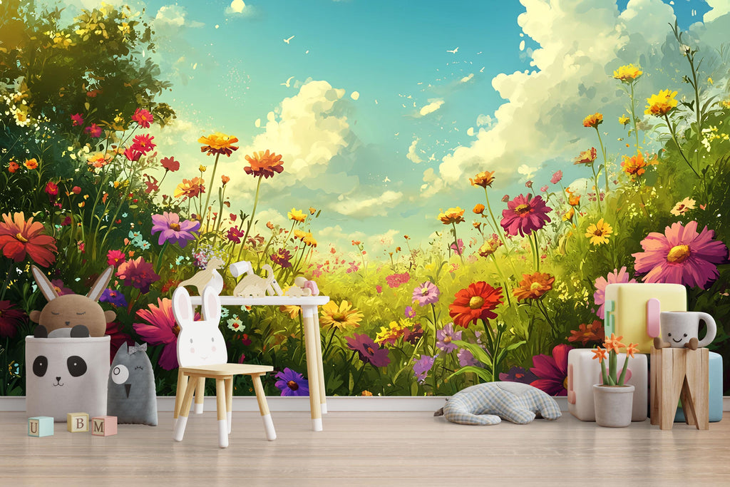 3D Floral Meadow Wallpaper Mural For Nursery – Whimsical Wildflower Field And Sky – Colorful Baby Room Decor Or Stylish Gift For Baby Shower