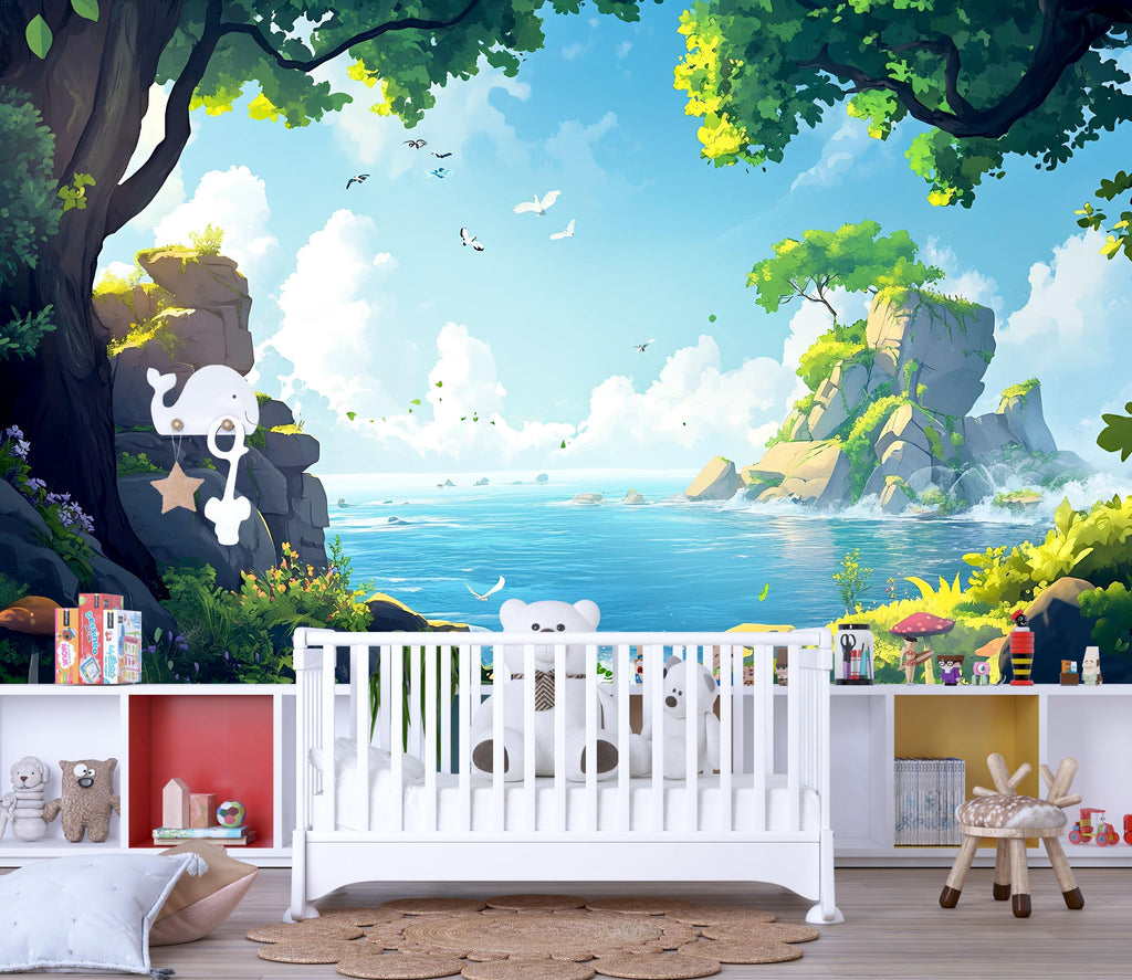 3D Ocean Cliff Wallpaper Mural For Nursery – Illustrated Nature Seaside Scene With Rocks, Birds And Trees – Baby Room Decor Or Stylish Gift