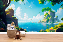 Load image into Gallery viewer, 3D Ocean Cliff Wallpaper Mural For Nursery – Illustrated Nature Seaside Scene With Rocks, Birds And Trees – Baby Room Decor Or Stylish Gift