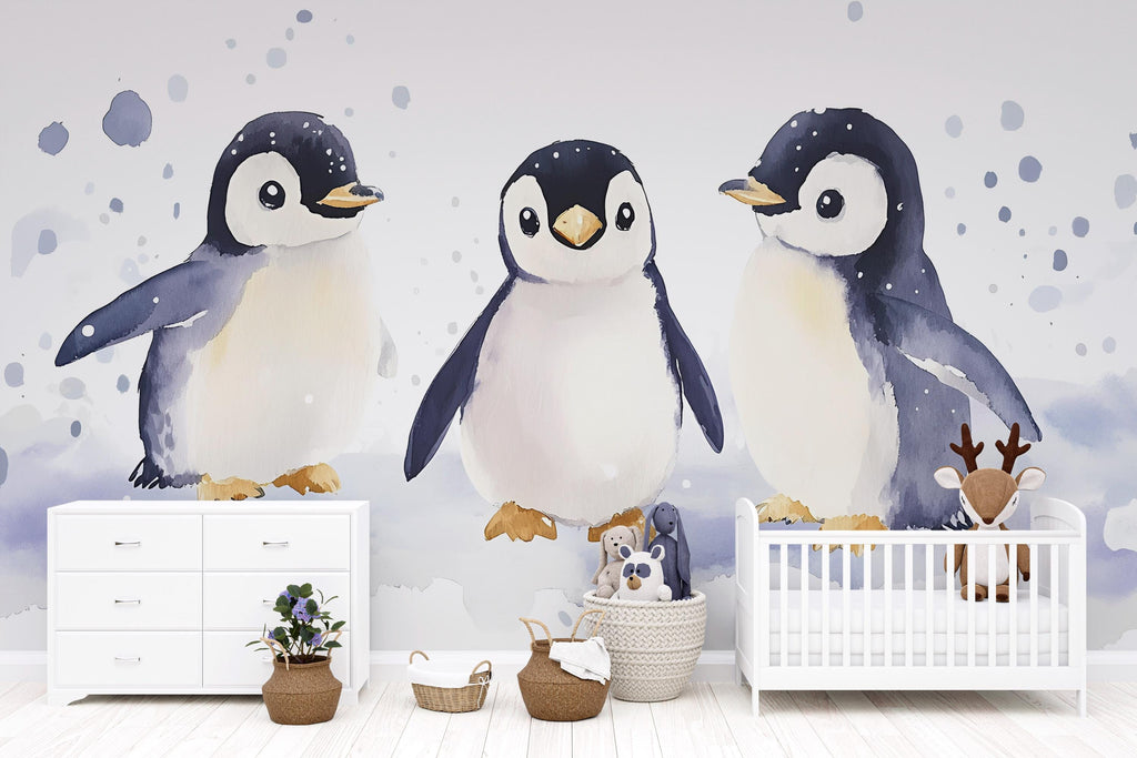 Watercolor Penguin Wall Mural | Nursery Wall Art | Kids Room Wallpaper | Arctic Animal Wall Decor | Cute Baby Penguin Wall Decal Vn518