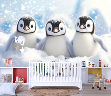 Load image into Gallery viewer, Snowy Baby Penguin Wall Mural – Cute Arctic Animal Nursery Wallpaper – Winter Penguin Kids Room Décor Vn520