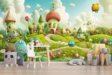 Load image into Gallery viewer, 3D Cartoon Village Wallpaper Mural For Nursery – Whimsical Landscape With Fantasy Houses And Cute Creatures – Baby Room Decor