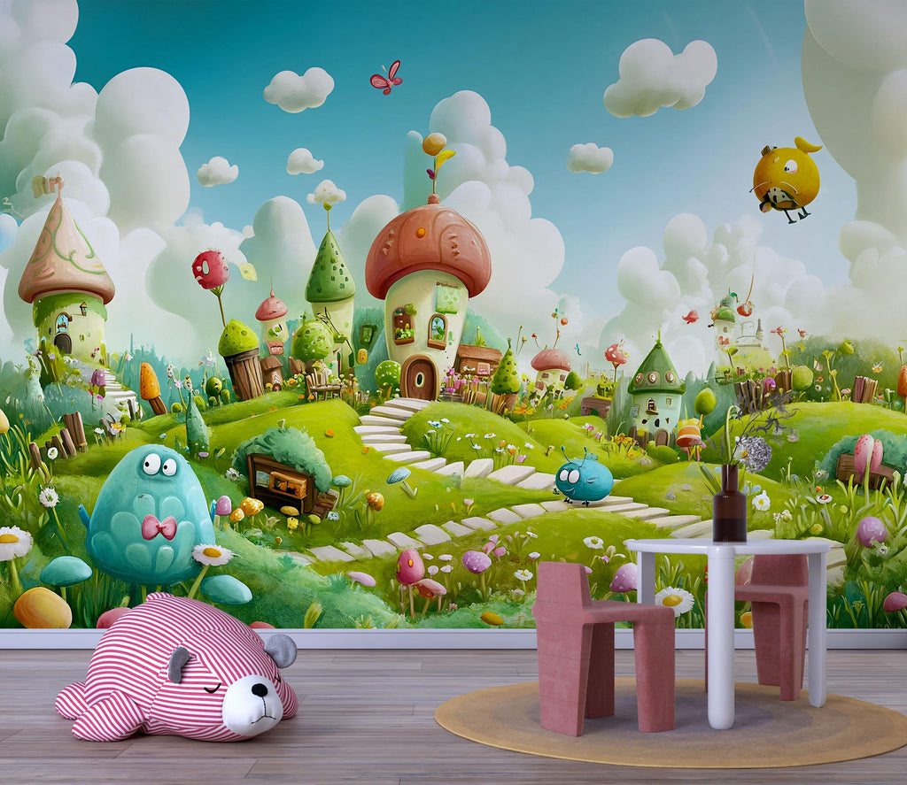 3D Cartoon Village Wallpaper Mural For Nursery – Whimsical Landscape With Fantasy Houses And Cute Creatures – Baby Room Decor