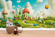 Load image into Gallery viewer, 3D Cartoon Village Wallpaper Mural For Nursery – Whimsical Landscape With Fantasy Houses And Cute Creatures – Baby Room Decor