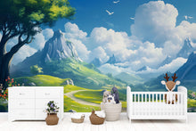 Load image into Gallery viewer, 3D Mountain Landscape Wallpaper Mural For Nursery – Peaceful Sky, Green Hills And Storybook Style – Baby Room Wall Art Or Gift