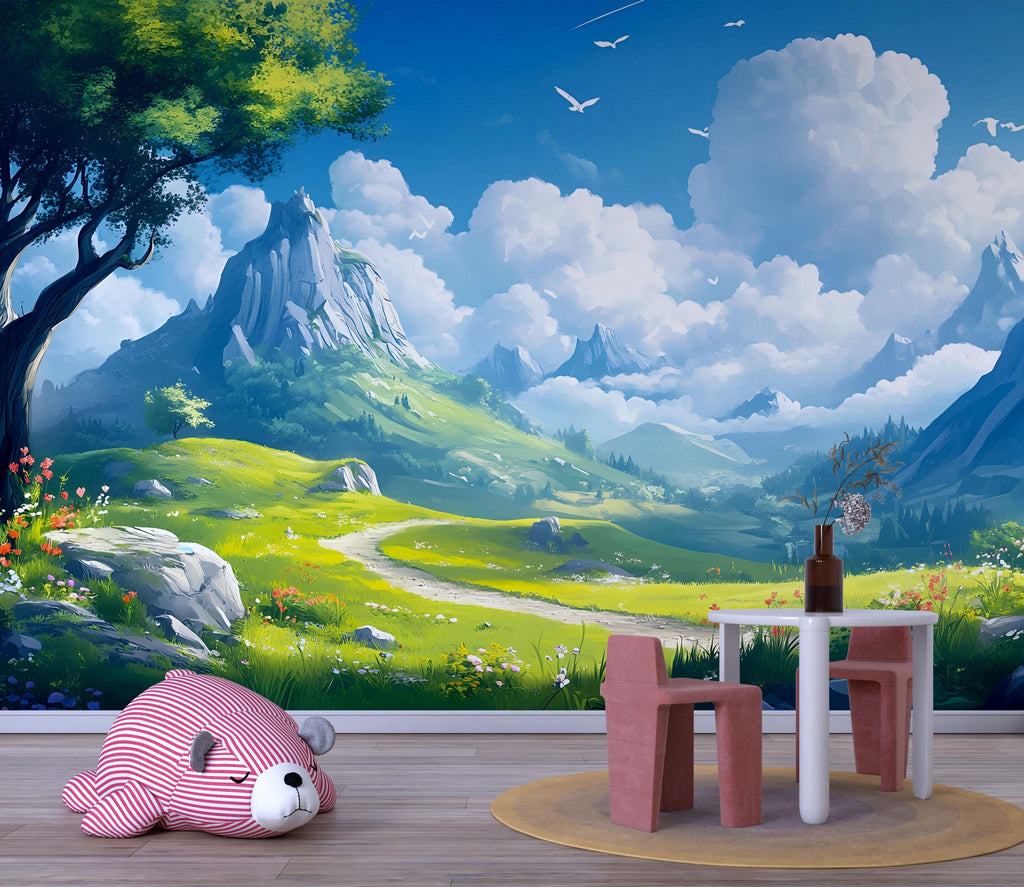 3D Mountain Landscape Wallpaper Mural For Nursery – Peaceful Sky, Green Hills And Storybook Style – Baby Room Wall Art Or Gift