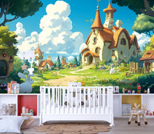 Load image into Gallery viewer, 3D Fairytale Village Wallpaper Mural For Nursery – Whimsical Castle House And Garden Scene With Bunnies – Baby Room Decor Or Gift