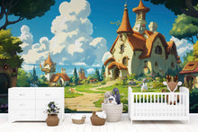 Load image into Gallery viewer, 3D Fairytale Village Wallpaper Mural For Nursery – Whimsical Castle House And Garden Scene With Bunnies – Baby Room Decor Or Gift