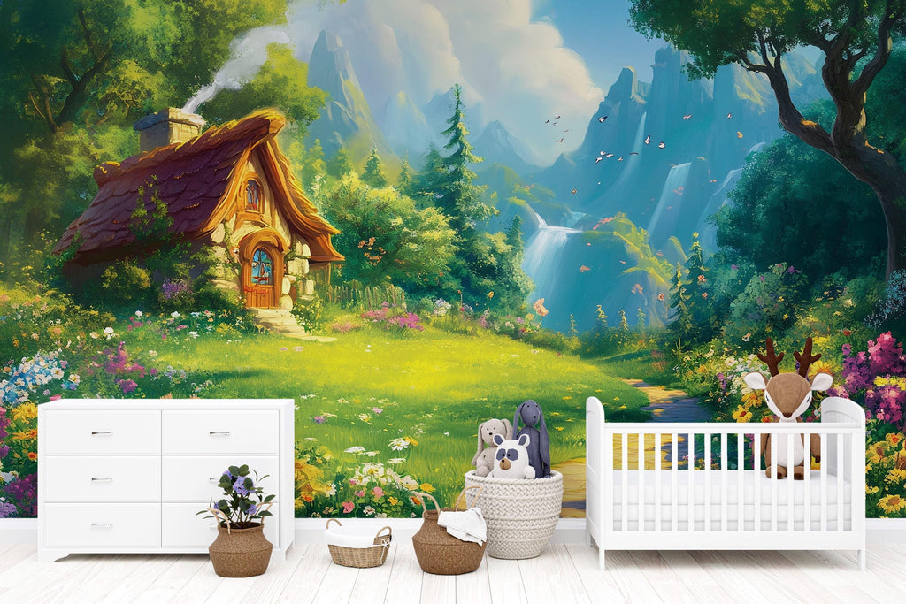 3D Forest Cottage Wallpaper Mural For Nursery – Fairytale Meadow Path And Waterfalls – Baby Room Decor Or Whimsical Gift For Baby Shower