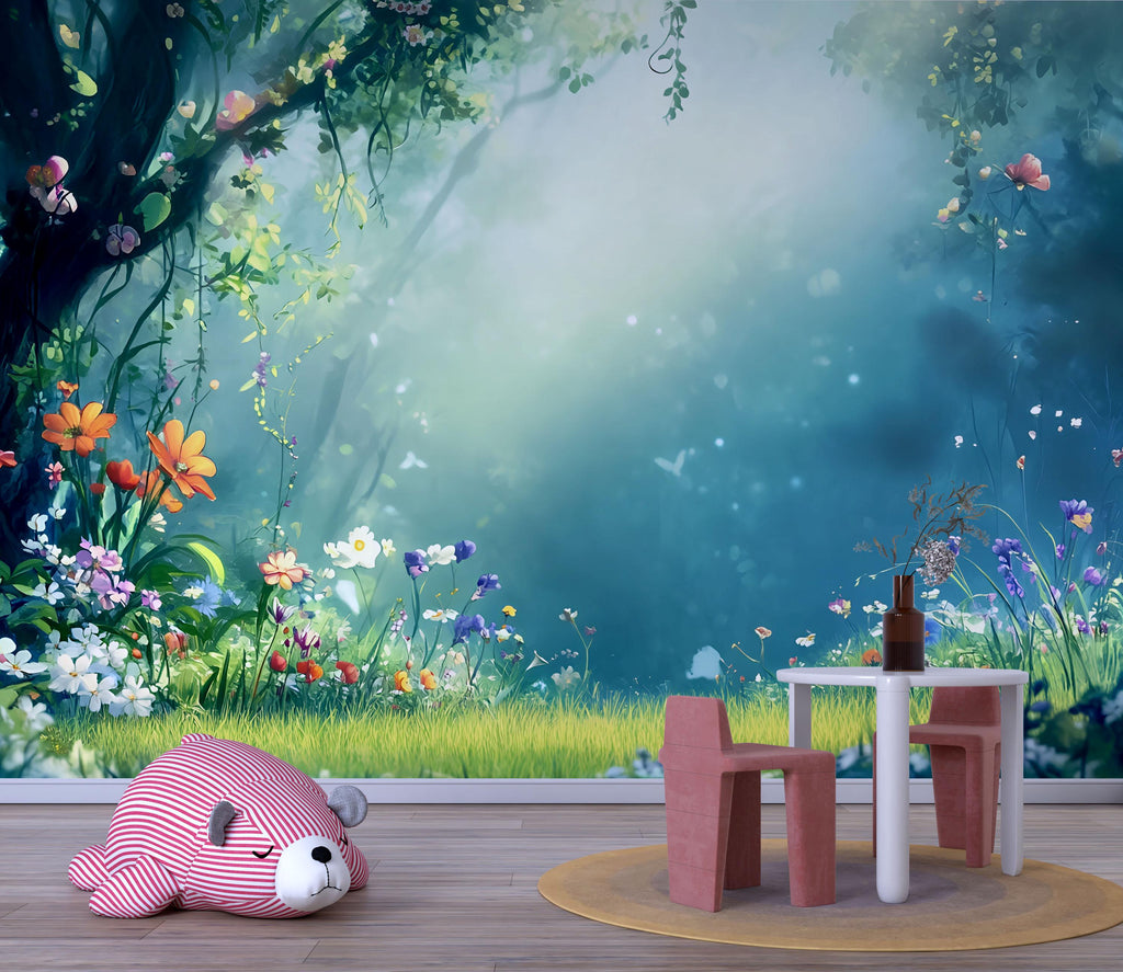 3D Enchanted Forest Wallpaper Mural For Nursery – Whimsical Flowers And Magical Light – Baby Room Wall Art Or Gift For Baby Shower