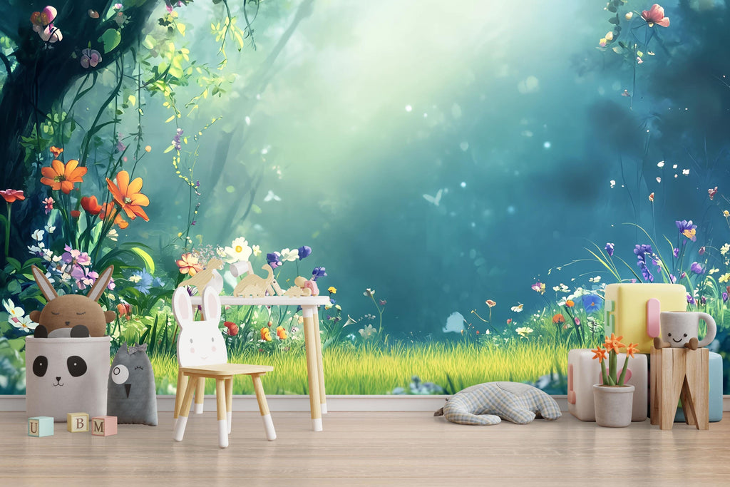 3D Enchanted Forest Wallpaper Mural For Nursery – Whimsical Flowers And Magical Light – Baby Room Wall Art Or Gift For Baby Shower
