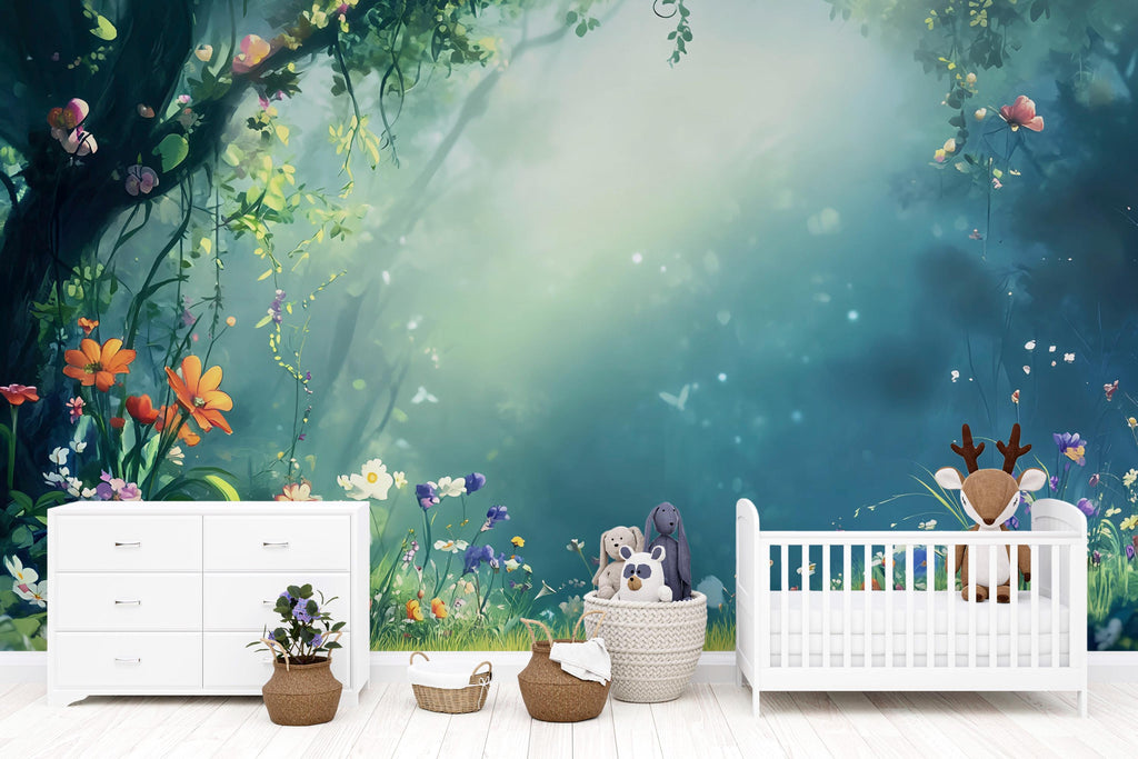 3D Enchanted Forest Wallpaper Mural For Nursery – Whimsical Flowers And Magical Light – Baby Room Wall Art Or Gift For Baby Shower