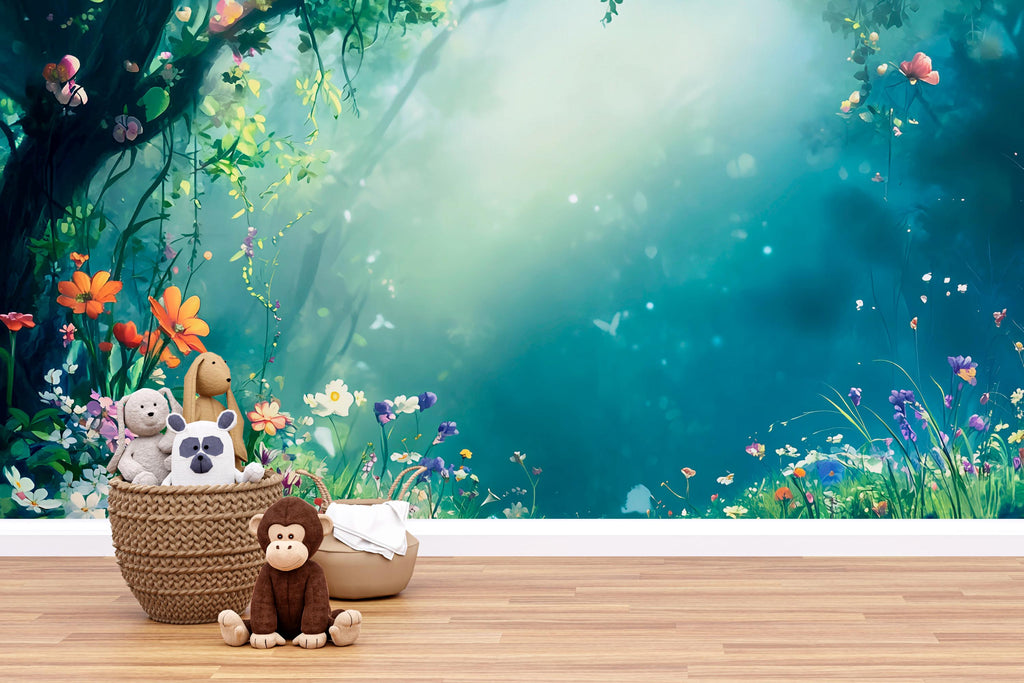 3D Enchanted Forest Wallpaper Mural For Nursery – Whimsical Flowers And Magical Light – Baby Room Wall Art Or Gift For Baby Shower