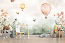 Load image into Gallery viewer, Hot Air Balloon Nursery Wall Mural – Boho Baby Room Wallpaper – Soft Pastel Floral and Butterfly Nature Theme Vn556