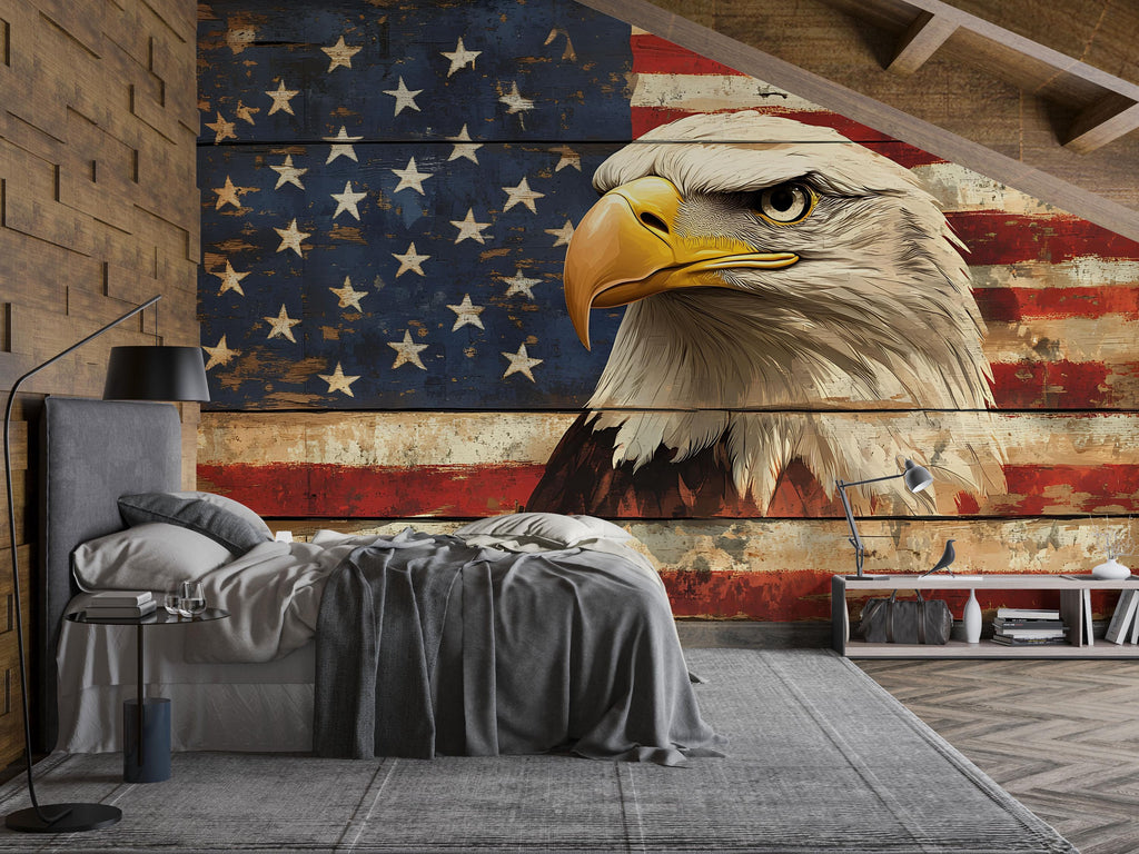 American Flag Wallpaper With Bald Eagle – Rustic USA Wall Mural – Patriotic Bedroom Wallpaper – Vintage Wood Plank Look – US Pride