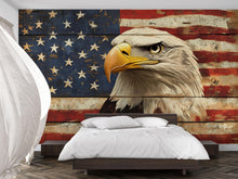 Load image into Gallery viewer, American Flag Wallpaper With Bald Eagle – Rustic USA Wall Mural – Patriotic Bedroom Wallpaper – Vintage Wood Plank Look – US Pride