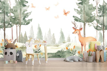 Load image into Gallery viewer, Woodland Forest Deer Wall Mural for Nursery – Cute Animal Wallpaper, Removable Peel and Stick Wall Decal Vn564