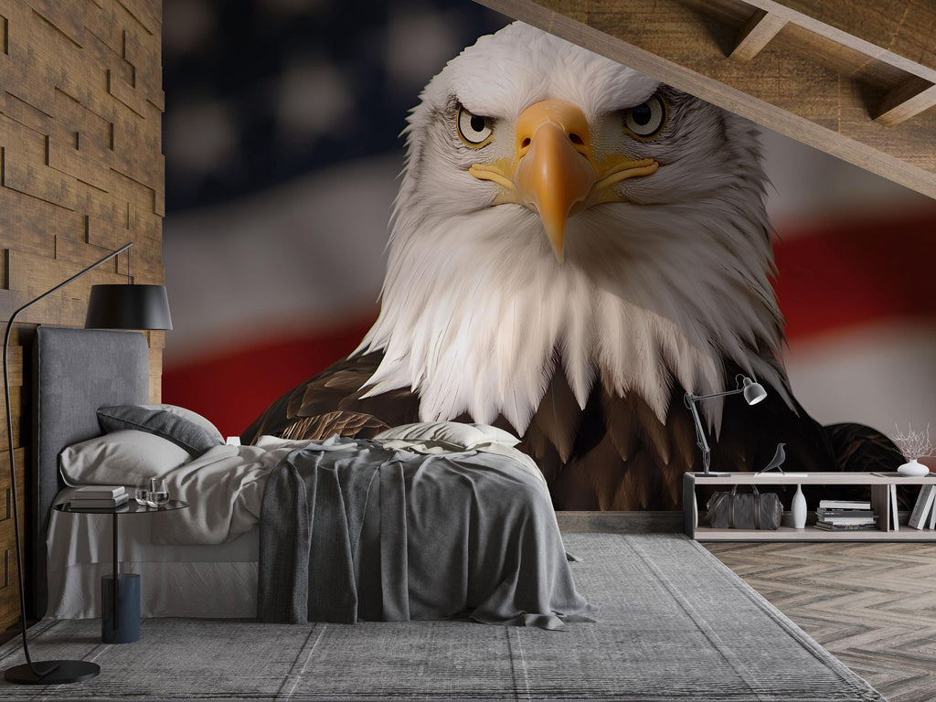 American Bald Eagle Wallpaper – Patriotic USA Flag Wall Mural – Office Or Home Decor – Bold Peel And Stick Wallpaper – US Pride Gift
