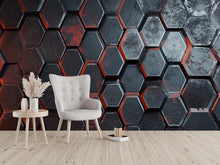 Load image into Gallery viewer, Modern 3D Hexagon Wall Mural | Industrial Geometric Wallpaper | Black &amp; Red Textured Art Vn589