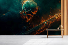 Load image into Gallery viewer, Heavy Metal Skull Guitar Wallpaper – Rock Flame Wall Mural – Dark Grunge Decor For Music Room Or Studio – Gothic Peel And Stick Wallpaper