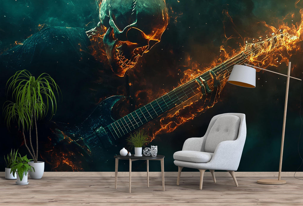 Heavy Metal Skull Guitar Wallpaper – Rock Flame Wall Mural – Dark Grunge Decor For Music Room Or Studio – Gothic Peel And Stick Wallpaper