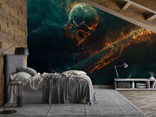 Load image into Gallery viewer, Heavy Metal Skull Guitar Wallpaper – Rock Flame Wall Mural – Dark Grunge Decor For Music Room Or Studio – Gothic Peel And Stick Wallpaper