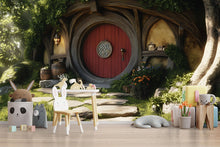 Load image into Gallery viewer, Hobbit Nursery Wall Mural – Fantasy Woodland Door Backdrop | Cozy Kids Room Decor | Enchanted Hobbit Hole Wallpaper Vn606