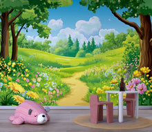 Load image into Gallery viewer, Whimsical Forest Meadow Wall Mural for Kids Room – Nature Cartoon Landscape Wallpaper for Nursery or Playroom Decor Vn618