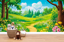 Load image into Gallery viewer, Whimsical Forest Meadow Wall Mural for Kids Room – Nature Cartoon Landscape Wallpaper for Nursery or Playroom Decor Vn618