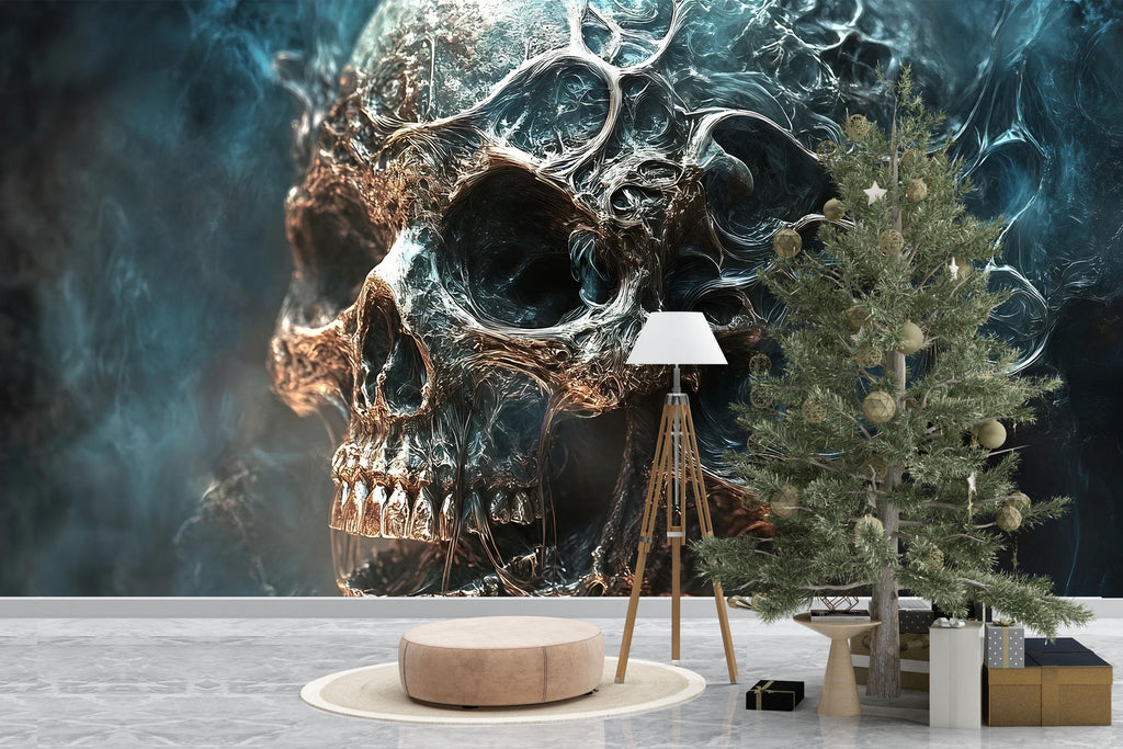 Dark Abstract Skull Wallpaper – Gothic Grunge Wall Mural – Smokey Skull Wall Art For Music Lovers – Rock Bedroom Decor – Peel And Stick