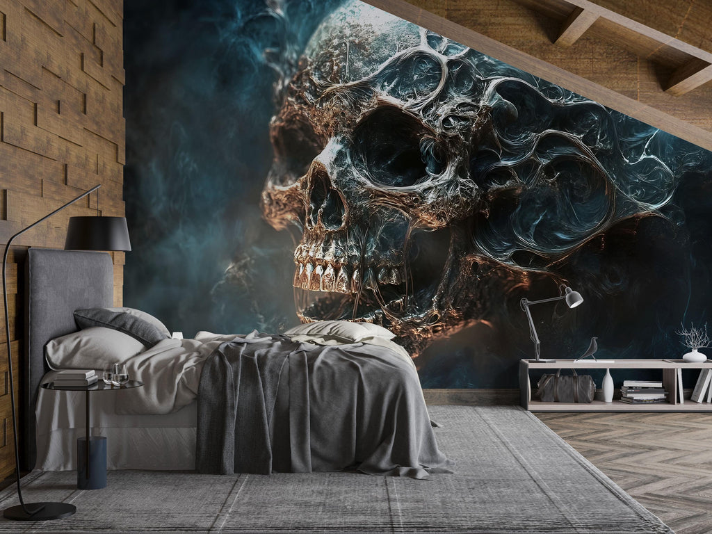 Dark Abstract Skull Wallpaper – Gothic Grunge Wall Mural – Smokey Skull Wall Art For Music Lovers – Rock Bedroom Decor – Peel And Stick
