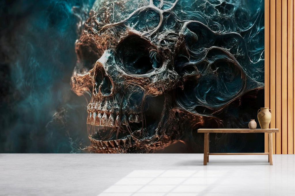 Dark Abstract Skull Wallpaper – Gothic Grunge Wall Mural – Smokey Skull Wall Art For Music Lovers – Rock Bedroom Decor – Peel And Stick